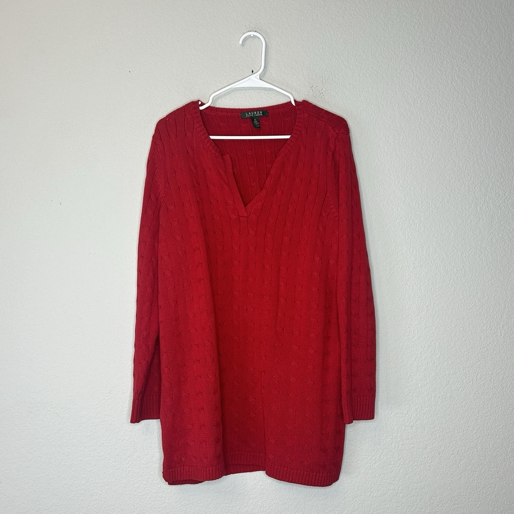 Lauren Ralph Lauren Red V Neck Cable Knit Cotton Tunic Sweater Women's XL 1X